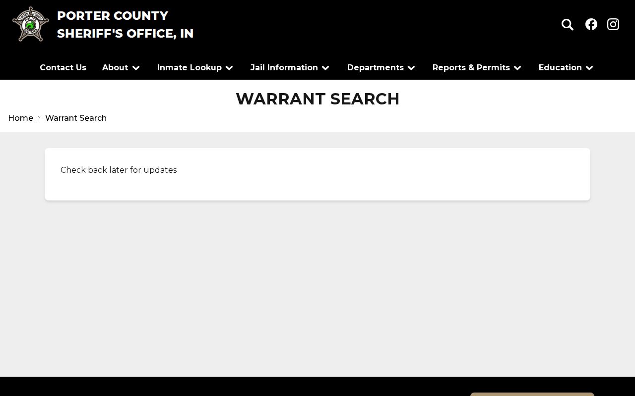 Porter County warrant search page status